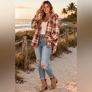 American Eagle Boyfriend Fit Hooded Flannel Shirt~Pink Rust & Creme Plaid~Size L